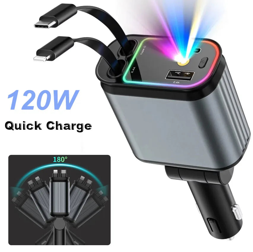 4-in-1 Fast Charging Retractable Car Charger