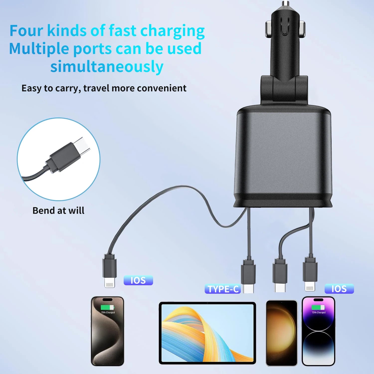 4-in-1 Fast Charging Retractable Car Charger